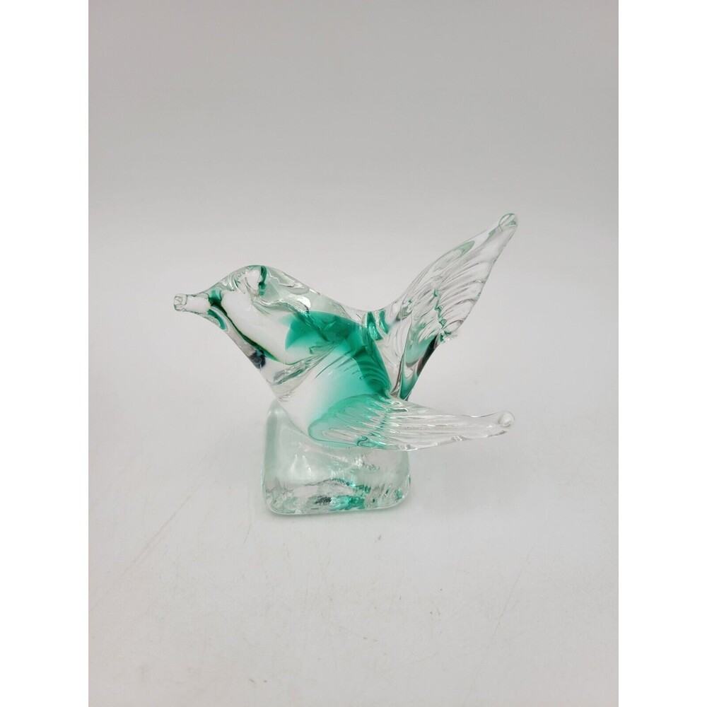 Small Art Glass bird Figurine Green‎ And Clear Hand Blown Sculpture - Picture 3 of 11